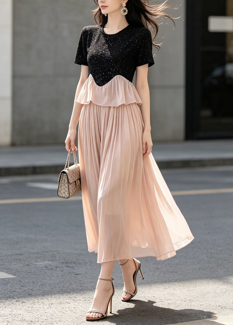 French Black O Neck Cotton Top Patchwork and Pink Tulle Pants Skirt Two Piece Set Summer