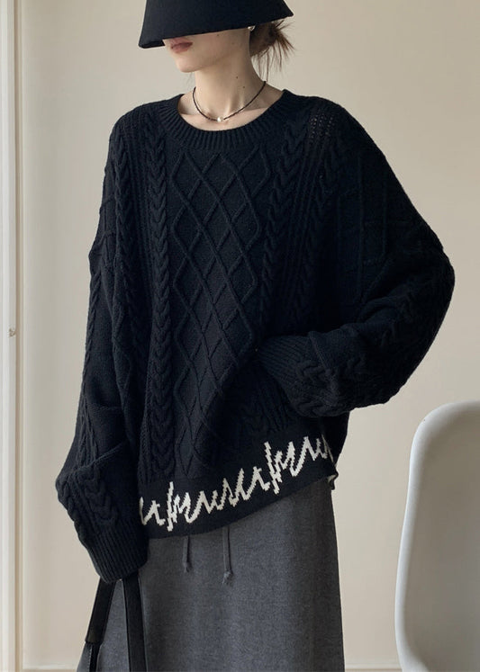 French Black O-neck Letter Cable Knit Sweaters Spring