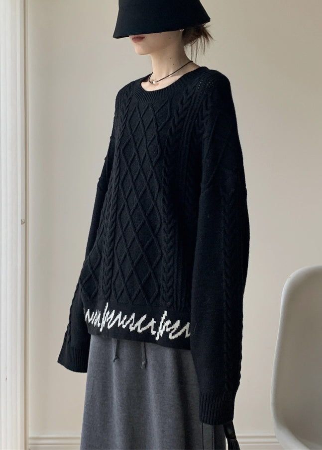 French Black O-neck Letter Cable Knit Sweaters Spring
