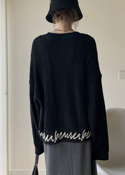 French Black O-neck Letter Cable Knit Sweaters Spring