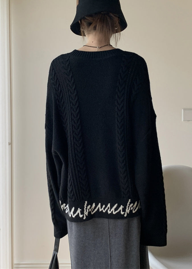 French Black O-neck Letter Cable Knit Sweaters Spring