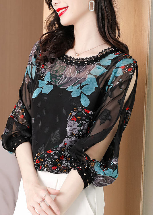 French Black O-neck Print Lace Patchwork Chiffon Two Pieces Summer