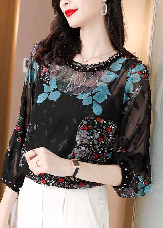 French Black O-neck Print Lace Patchwork Chiffon Two Pieces Summer