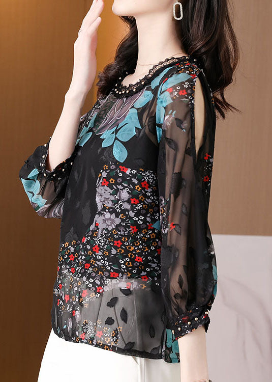 French Black O-neck Print Lace Patchwork Chiffon Two Pieces Summer