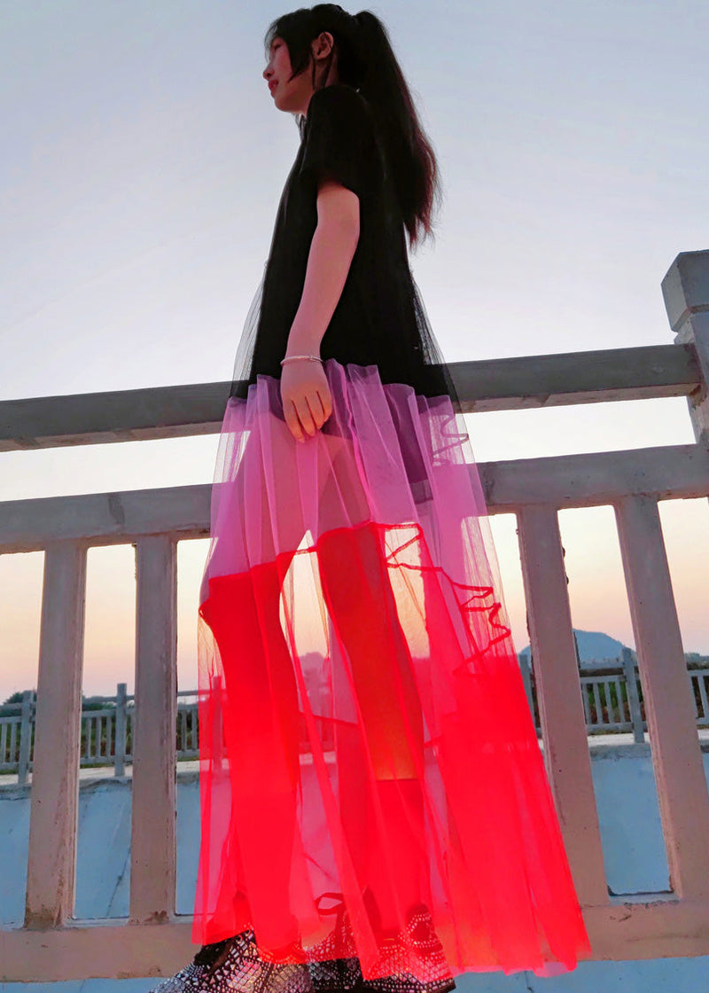 French Black O Neck Tulle Patchwork Cotton Long Dresses Summer