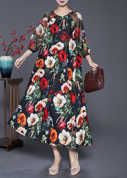 French Black Oversized Print Draping Chiffon Dresses Summer