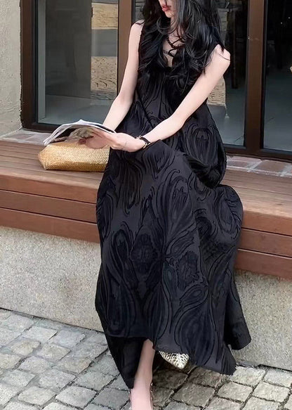 French Black Patchwork Long Dress V Neck Sleeveless