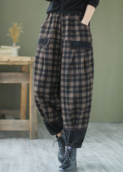 French Black Plaid Patchwork Denim Pants Spring