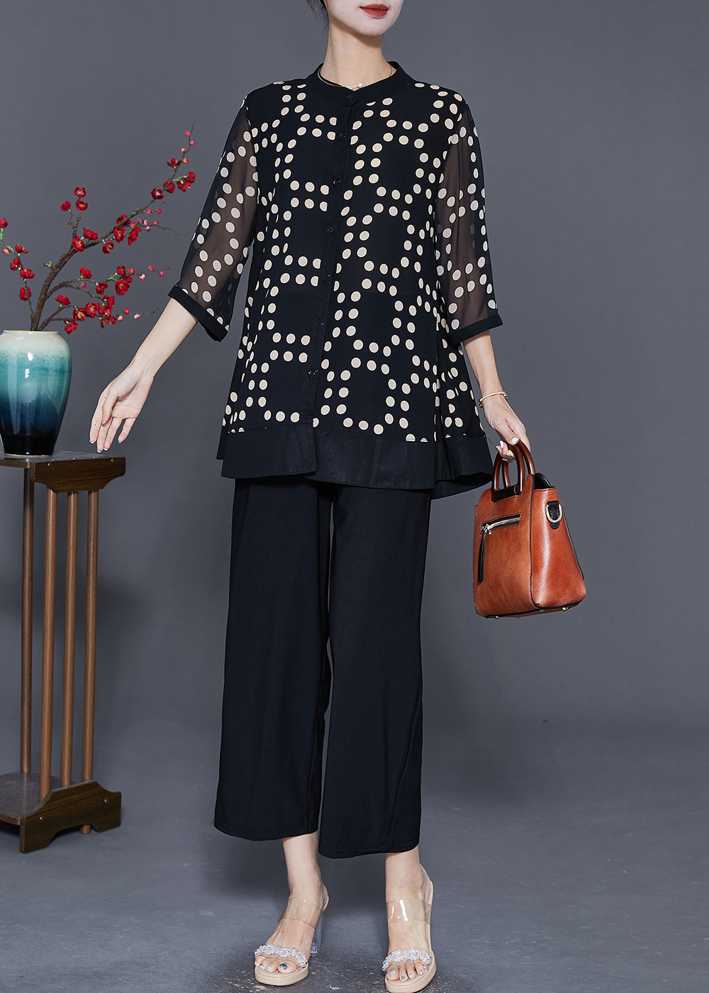French Black Print Draping Chiffon Two Piece Set Outfits Summer