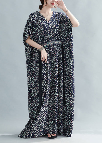French Black Print Tie Waist Cottonlong Dress Batwing Sleeve