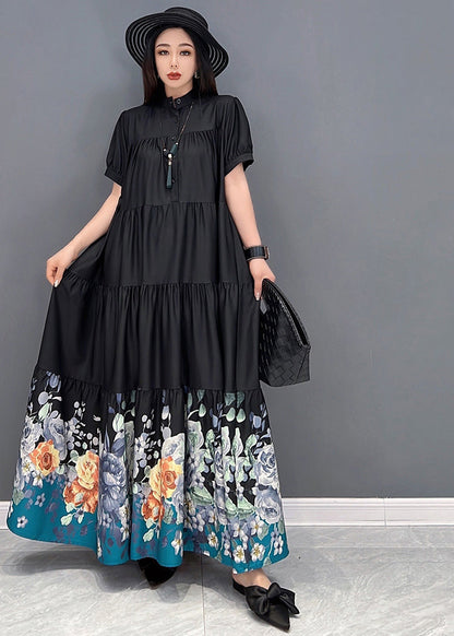 French Black Stand Collar Print Wrinkled Patchwork Cotton Long Dress Short Sleeve