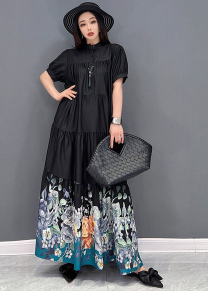 French Black Stand Collar Print Wrinkled Patchwork Cotton Long Dress Short Sleeve