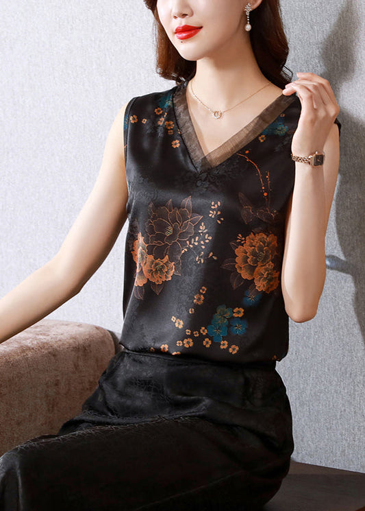 French Black V Neck Organza Patchwork Print Silk Vests Sleeveless