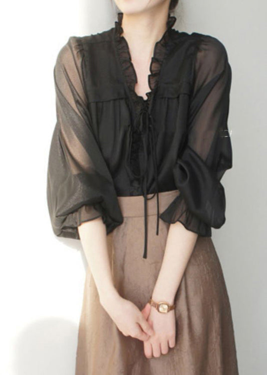 French Black V Neck Ruffled Silk Shirts Spring