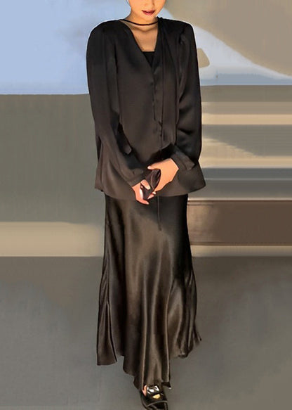 French Black V Neck Shirts and Spaghetti Strap Dress Patchwork Silk Two Pieces Set Fall