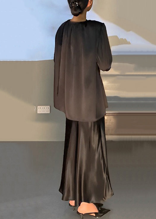 French Black V Neck Shirts and Spaghetti Strap Dress Patchwork Silk Two Pieces Set Fall