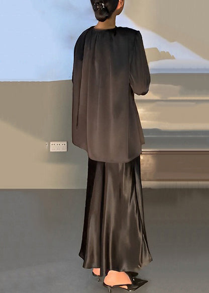 French Black V Neck Shirts and Spaghetti Strap Dress Patchwork Silk Two Pieces Set Fall