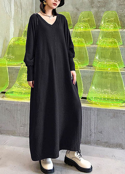 French Black V Neck Knitting Cotton Fall Knit Dress