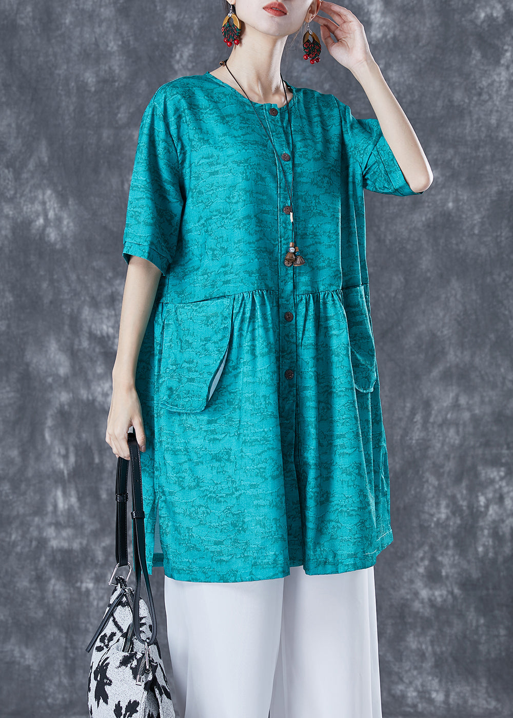 French Blue O-neck Print Pockets Cotton Holiday Dress Summer