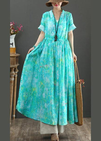 French Blue Print Tunic Pattern V Neck Drawstring Loose Summer Dress