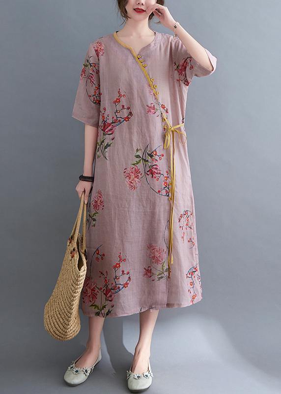 French Blue Print Tie Waist Mid Summer Cotton Dress