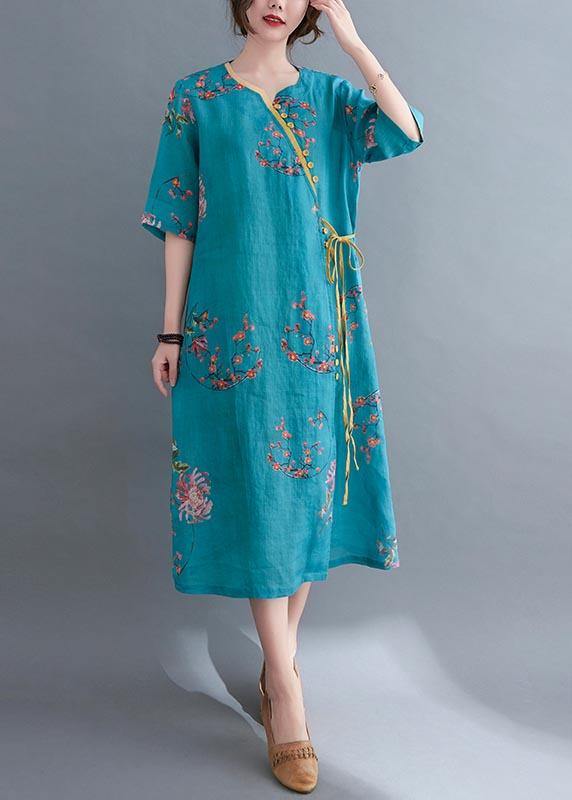 French Blue Print Tie Waist Mid Summer Cotton Dress