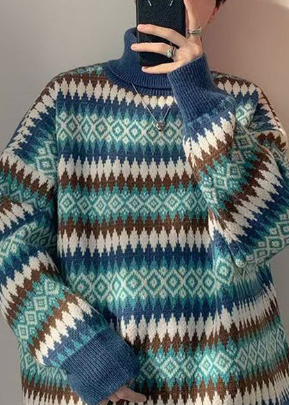 French Blue Striped Knit Sweaters Turtleneck Winter