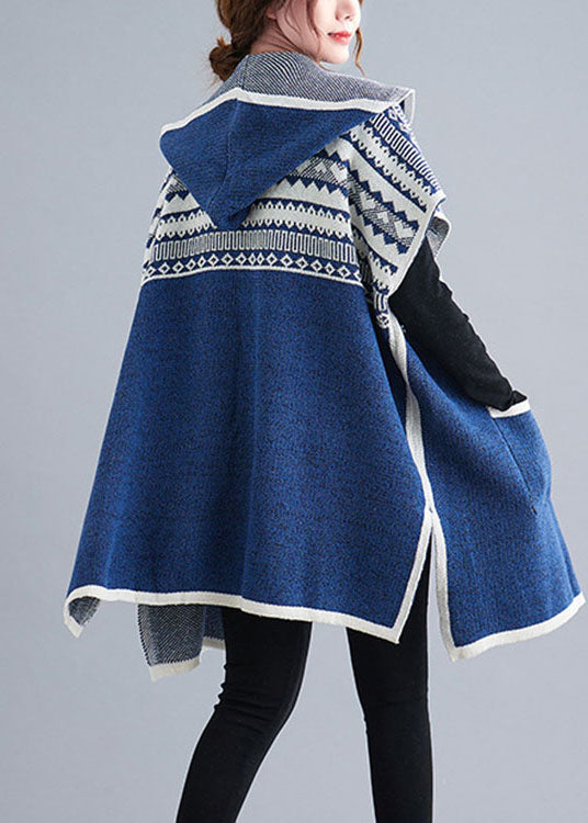 French Blue Hooded Side Open Short Sleeve Fall Knit Sweaters Coat