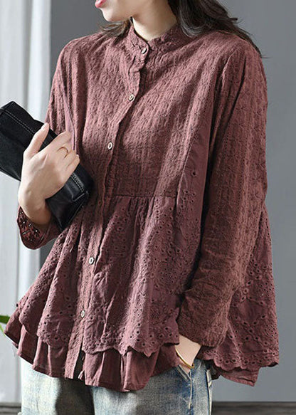 French Brick Red Stand Collar Embroidered Patchwork Cotton Shirt Spring