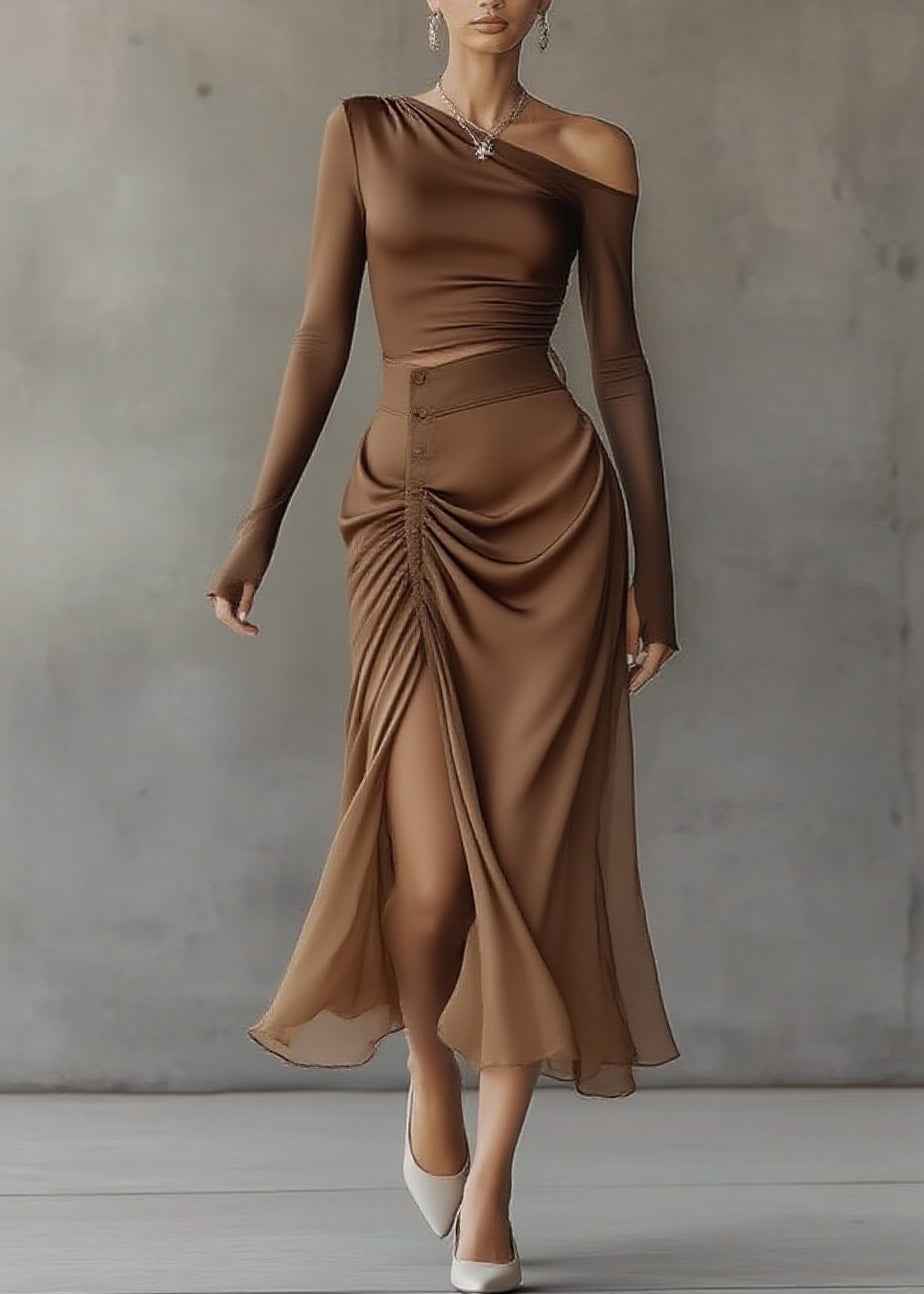 French Brown Asymmetrical Top and Maxi Skirts Two Pieces Set Spring