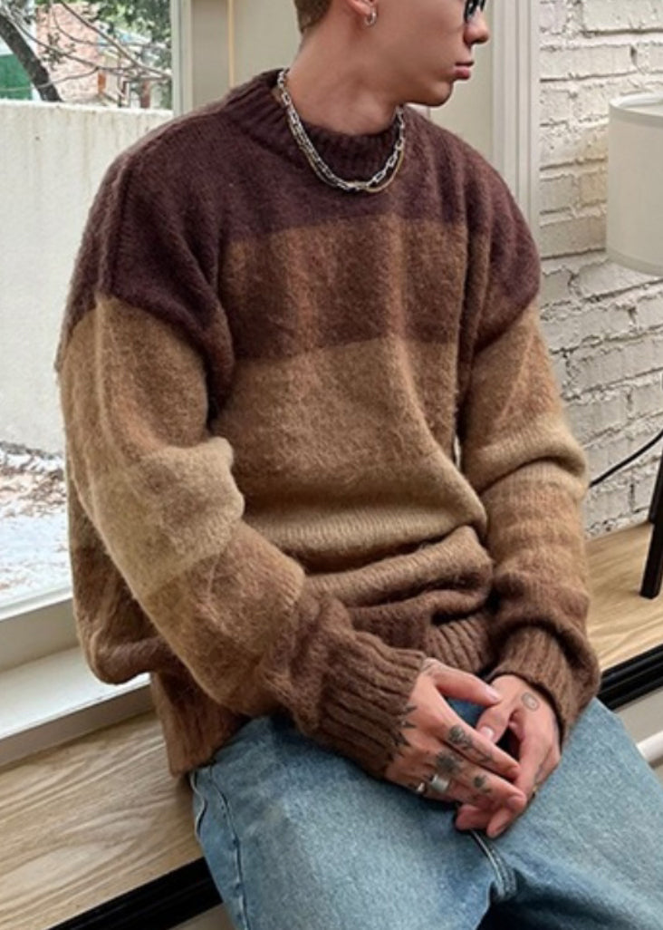 French Brown O Neck Striped Knit Sweaters Spring