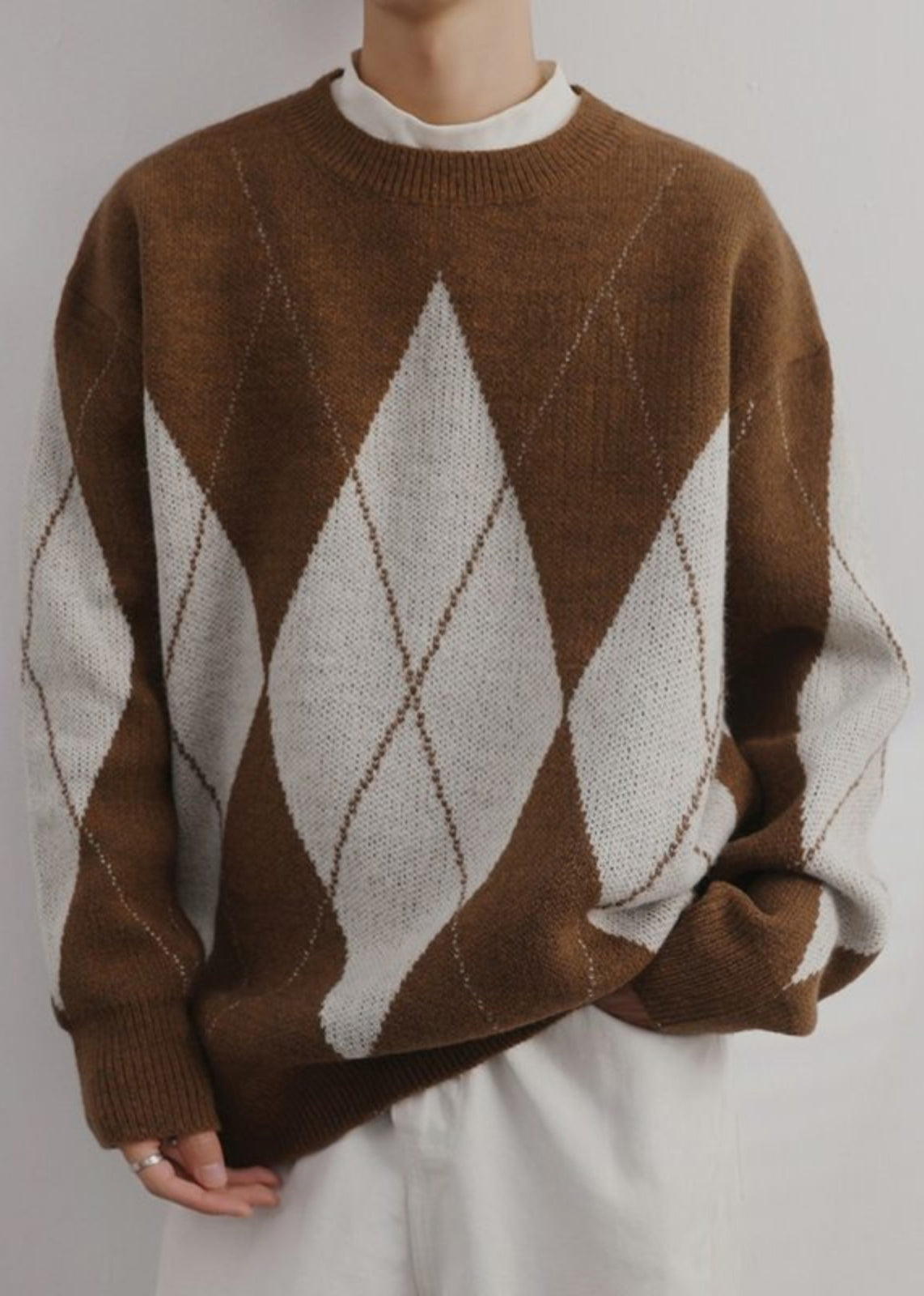French Brown Plaid O Neck Patchwork Knit Sweaters Spring