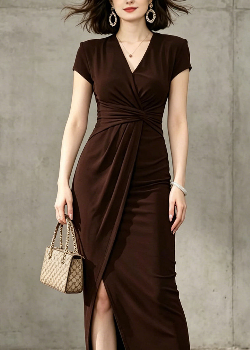 French Brown V Neck Wrinkled Side Open Cotton Long Dress Summer