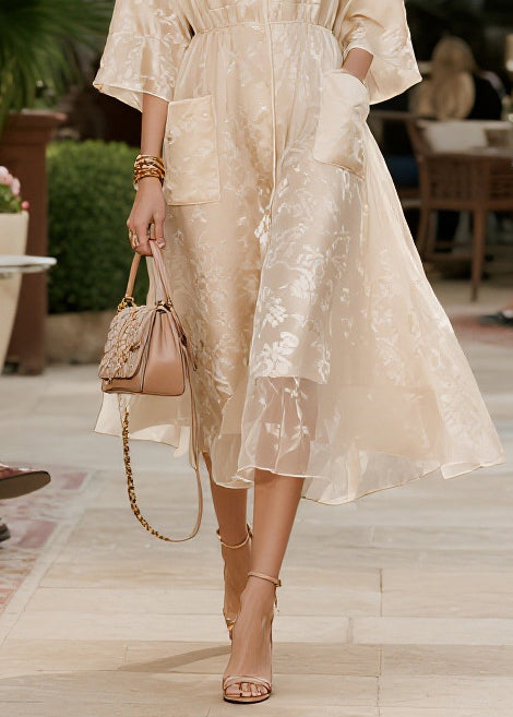 French Champagne Jacquard Pockets Tulle Party Dress Summer