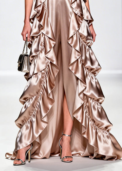 French Champagne Ruffled Silk Vacation Dresses Sleeveless