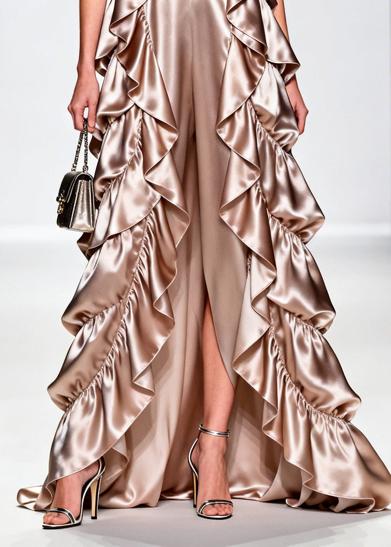 French Champagne Ruffled Silk Vacation Dresses Sleeveless