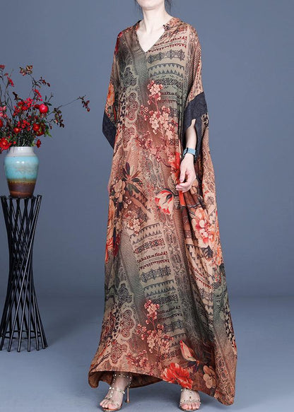 French Chocolate Print V Neck Oversize Summer Silk Long Dress