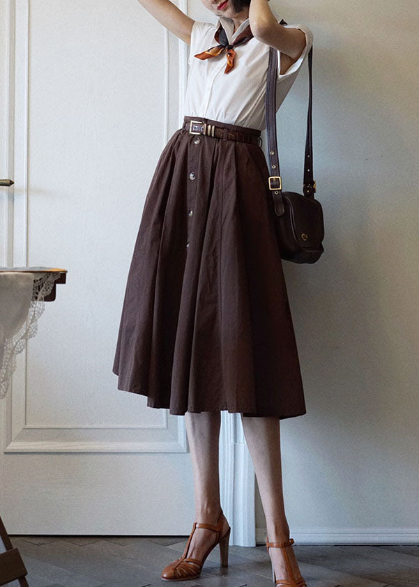 French Coffee High Waist Single Breasted Cotton a Line Skirts Spring