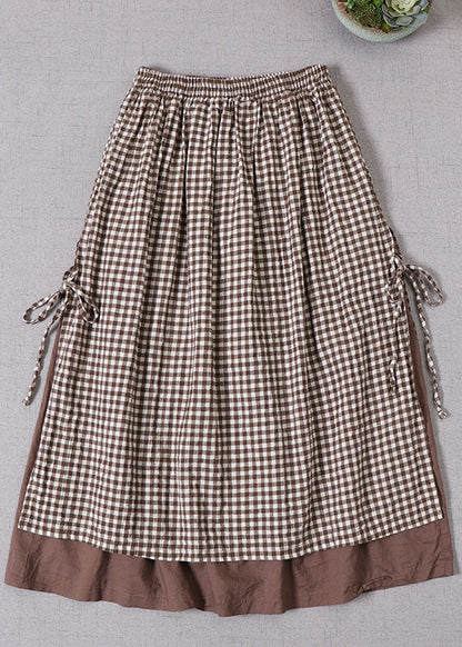 French Chocolate Plaid Side Open Tie Skirt Spring