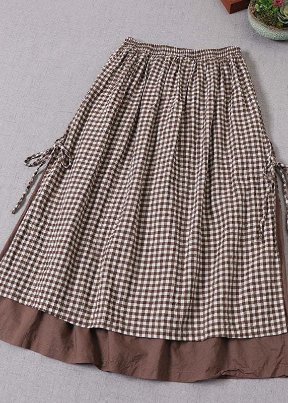 French Chocolate Plaid Side Open Tie Skirt Spring