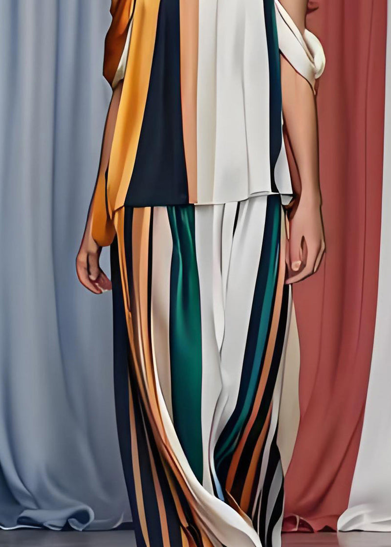 French Cold Shoulder Striped Silk Tops and Pants Set Sleeveless