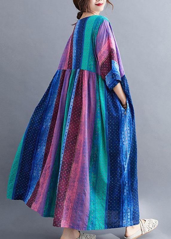 French Color Block Striped Print Loose Summer Vacation Dresses Half Sleeve