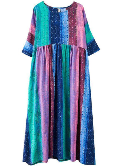 French Color Block Striped Print Loose Summer Vacation Dresses Half Sleeve
