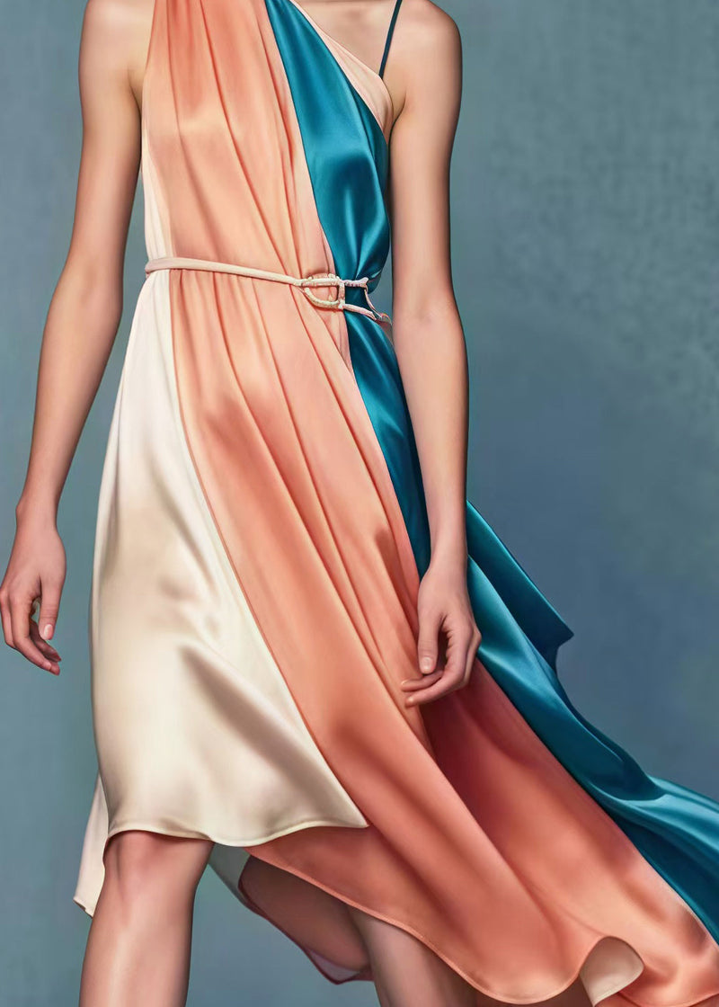 French Colorblock One Shoulder Design Patchwork Silk Vestidos Dress Summer
