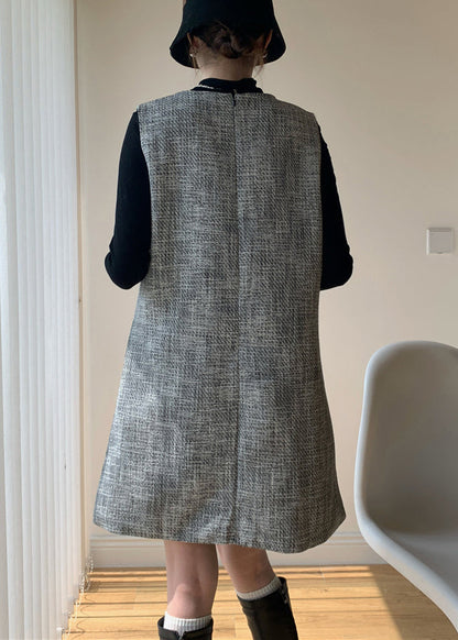 French Dark Gray Bow Dress and Black Tops Cotton Two Piece Set Spring