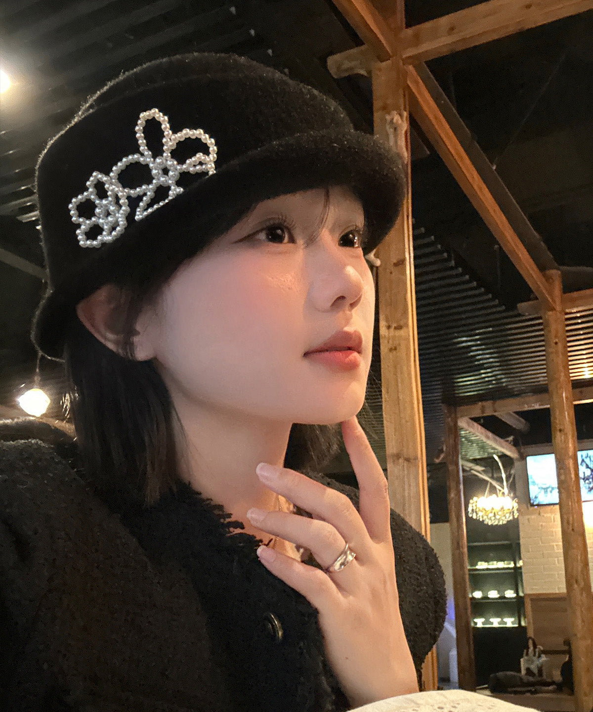 French Black Pearl Knit Bucket Hat