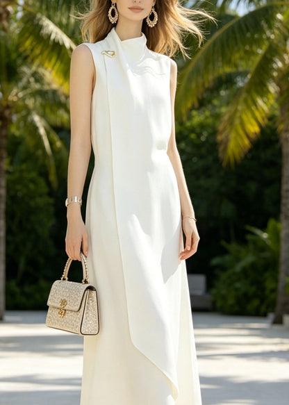 French White Half High Neck Cotton Dress Sleeveless