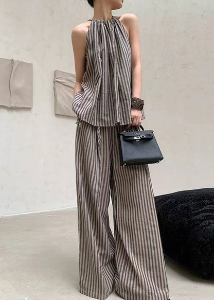 French Coffee Striped Top Wide Leg Pants Two Piece Set Summer