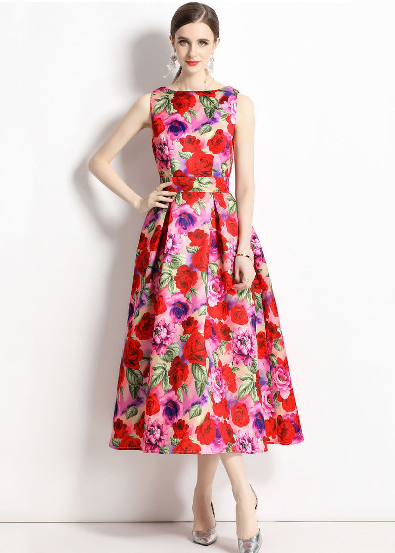 French Print Wrinkled Patchwork Chiffon a Line Skirts Sleeveless
