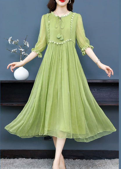 French Green O-neck Lace Up Exra Large Hem Silk Long Dress Half Sleeve